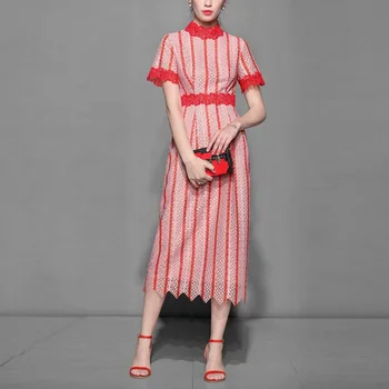 

Retro Lace Striped Dress Women Temperament Trim Mid Long Dress Ladies Summer Dresse Party Vestidos Nancylim