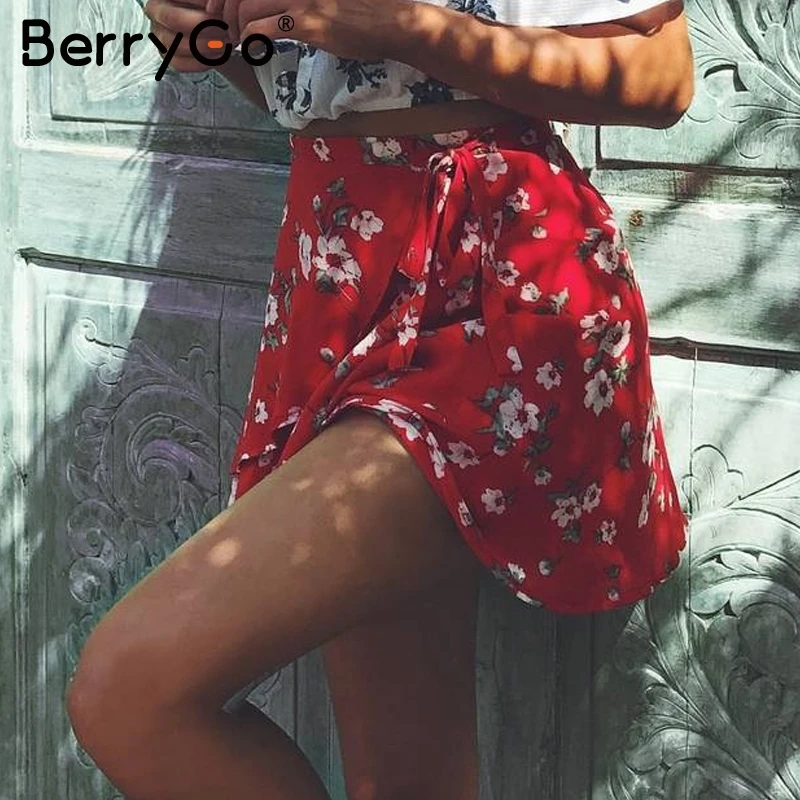

BerryGo Boho red print chiffon skirts women Vintage party ruffles short skirt Casual high waist summer skirt female