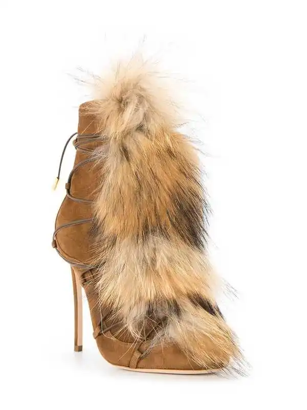 

Eunice Choo Pointed Toe Suede Fur Decor Cross Tied Women Ankle Boots Black Brown Zipper Booties High Heels Pointed Toe Shoes