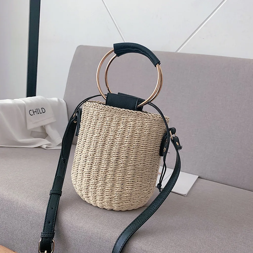 

ISHOWTIENDA Women's Fashion Weave Small Shoulder Bag Solid Color Mini Handbag Woven Summer Lady Beach Bag 2019 bolsa feminina