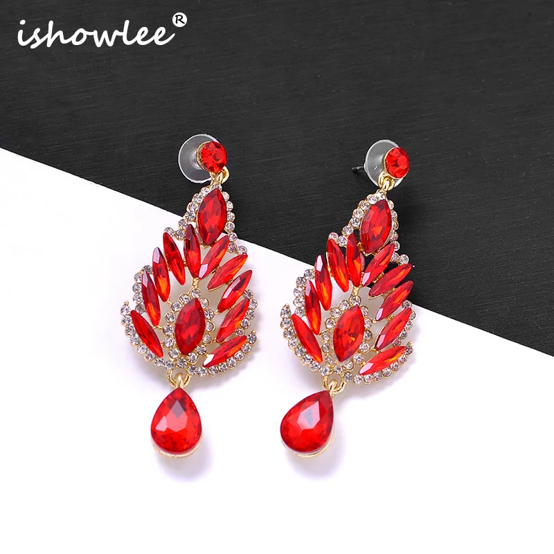 

ISHOWLEE Red Water Drop Rhinestone Hanging Earrings for Women Fashion Bohemian Wedding Party Unique Brand Earrings Jewelry bxb15