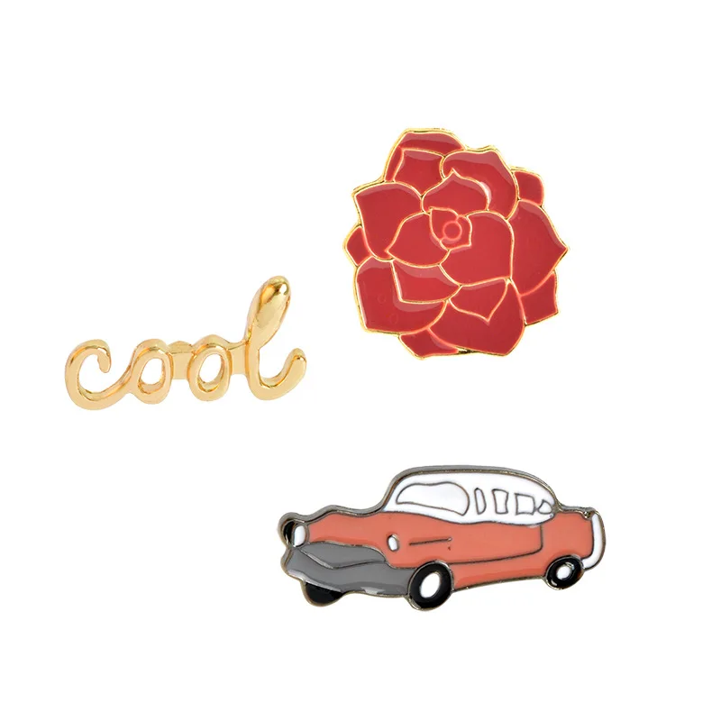 

3 pcs/set Rose Flower Car "Cool" Women Enamel Brooch Jewelry Fashion Cute Backpack Cothing Brooch Pins Accessories