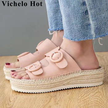 

Vichelo Hot genuine leather slip on mules buckle belt straw decoration peep round toe flat platform party vocation sandals L65