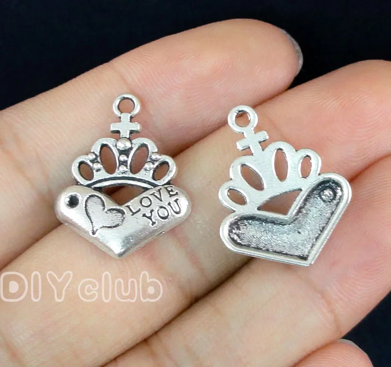 70pcs антикварные серебро/бронза корона Сердце Подвески Кулон 22x18 мм|Шармы| |