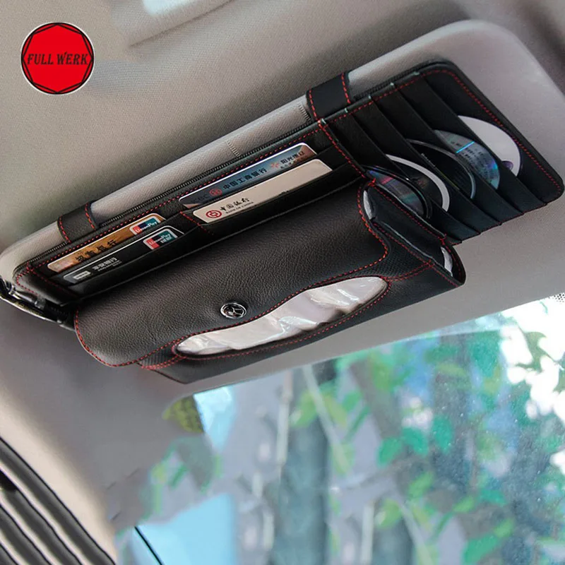 Genuine Leather Car Tissue Box Holder Sun Visor Organizer 5 Pocket CD DVD Clip Multifunction
