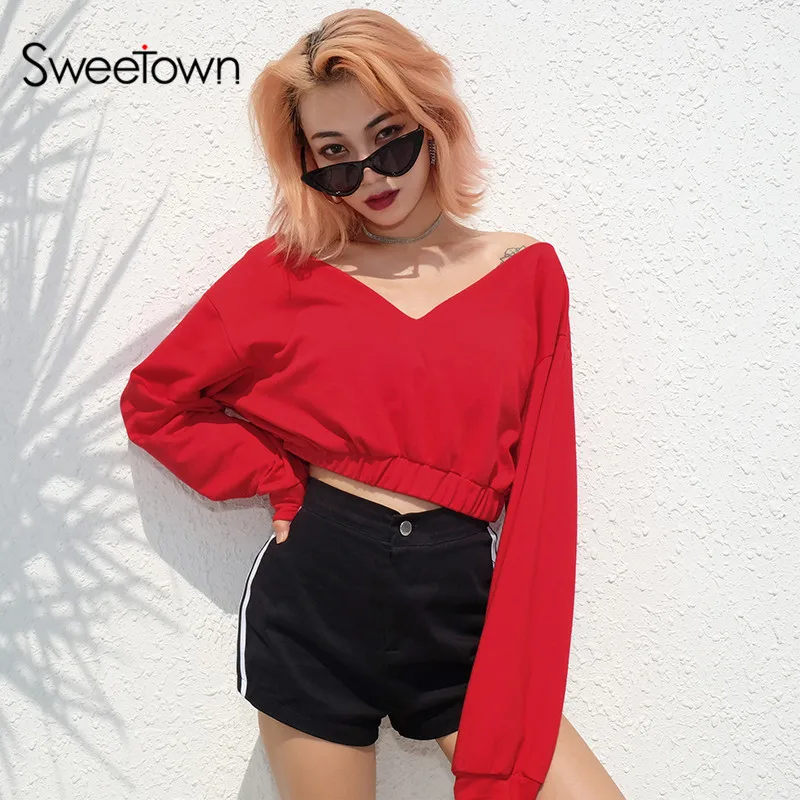 Sweetown Plus Size Bts Kpop Sweatshirt Women Long Sleeve V Neck Crop