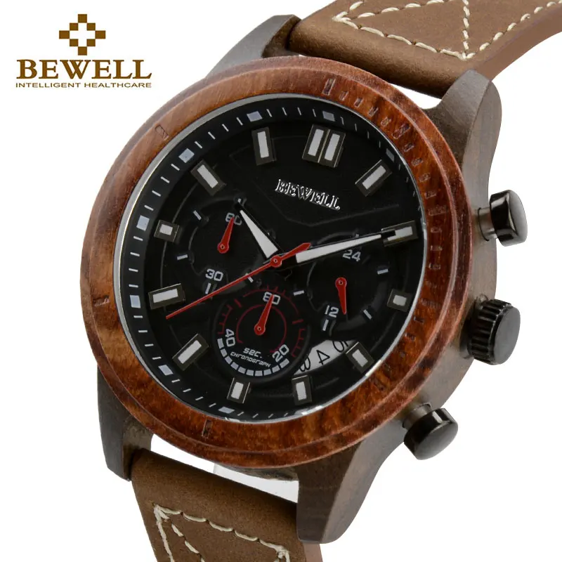 

Men Luxury Waterproof Quartz Watch Wood Case Leather Strap With Chronograph And Calendar Functions Luminous Hands Bewell 161A