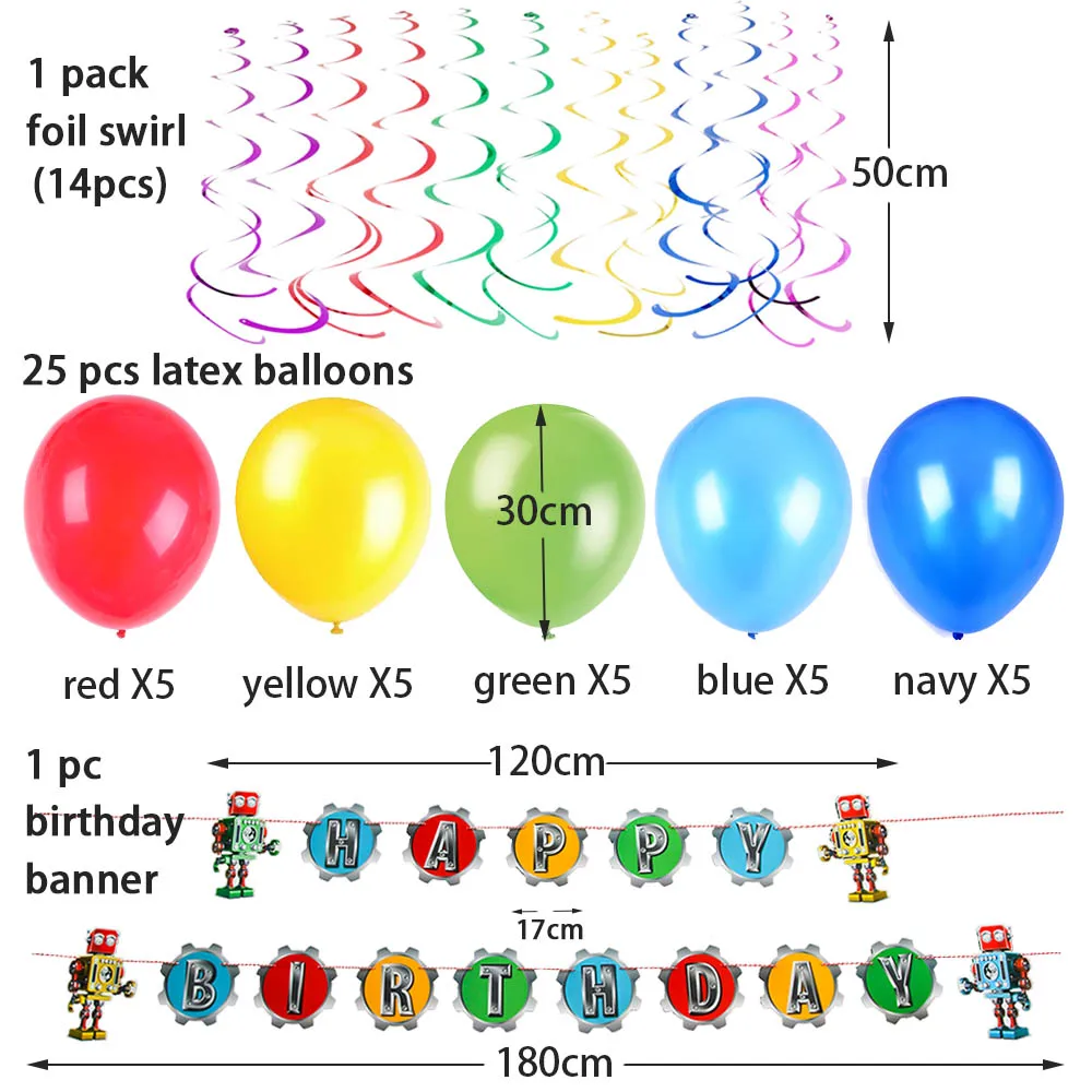 Робот тематическая вечеринка на день рождения Декор Радуга цветные латексные шары Happy плакат "с днем рождения" висит спираль из фольги механические Шестерни Вечерние