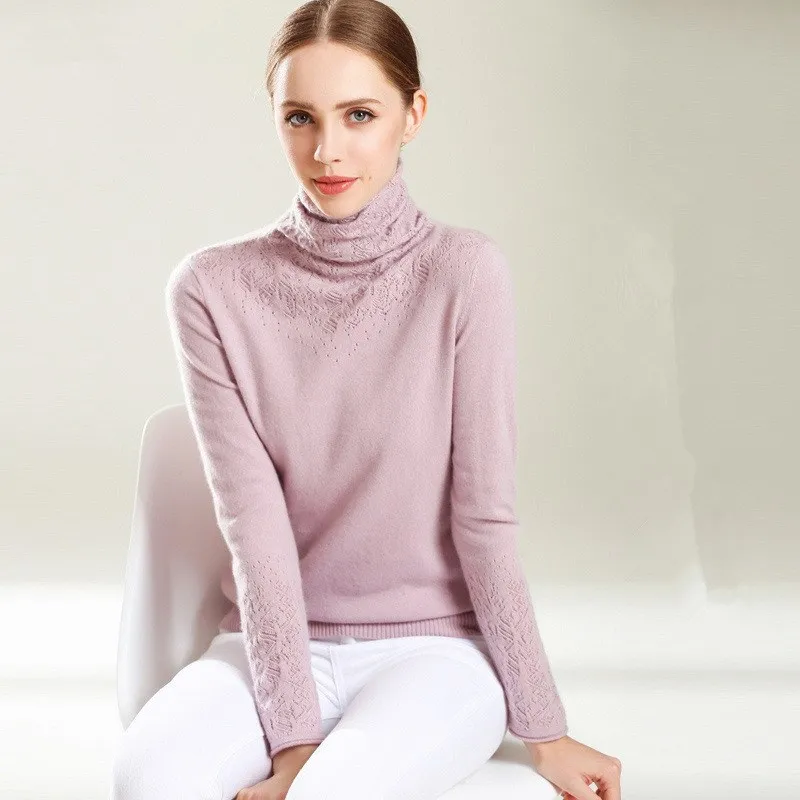 New Fashion Turtleneck Knitted Sweaters Casual Autumn Winter Women Hollow Out Soft Cashmere Pullovers Female Fluffy Jumper