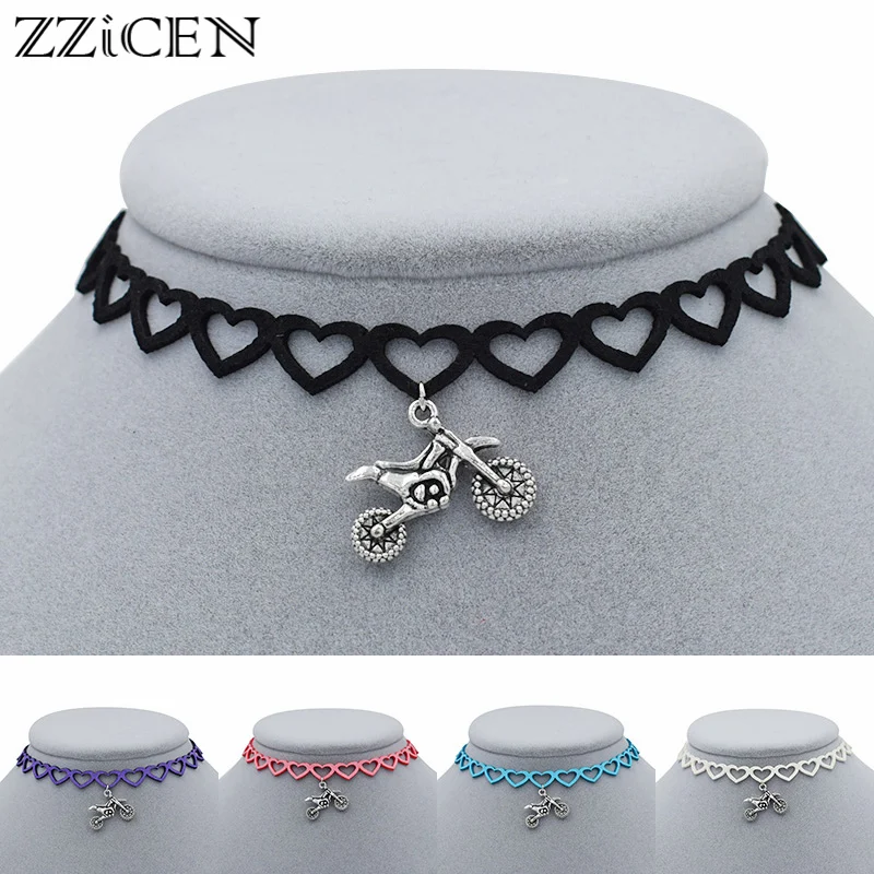 

5 Colors New Punk Vintage Antique Silver Flying Fast Motorcycle Pendant Heart Choker Necklace Motocross Dirt Bike Sports Jewelry