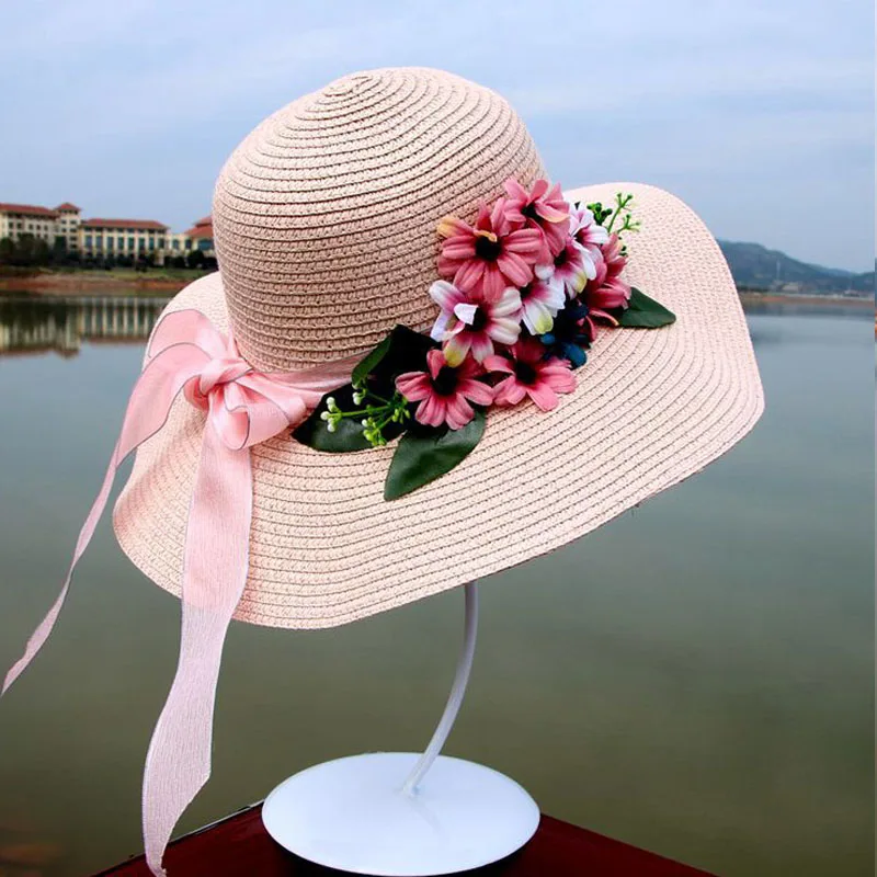Новые женские шляпы от солнца, дышащие соломенные кепки для гольфа, Женская пляжная шляпа, свежий цветочный бант,, распродажа - Цвет: pink