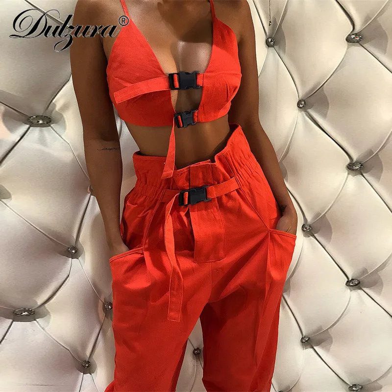 

Dulzura sexy buckle crop tank Bralet top high waist sash casual pants trousers 2 pieces set 2018 autumn winter women clothes
