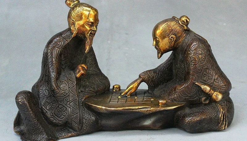 

8" Old China Palace Bronze Gilt Wealth 2 Coin Robe Old Man Play Chess GO Statue