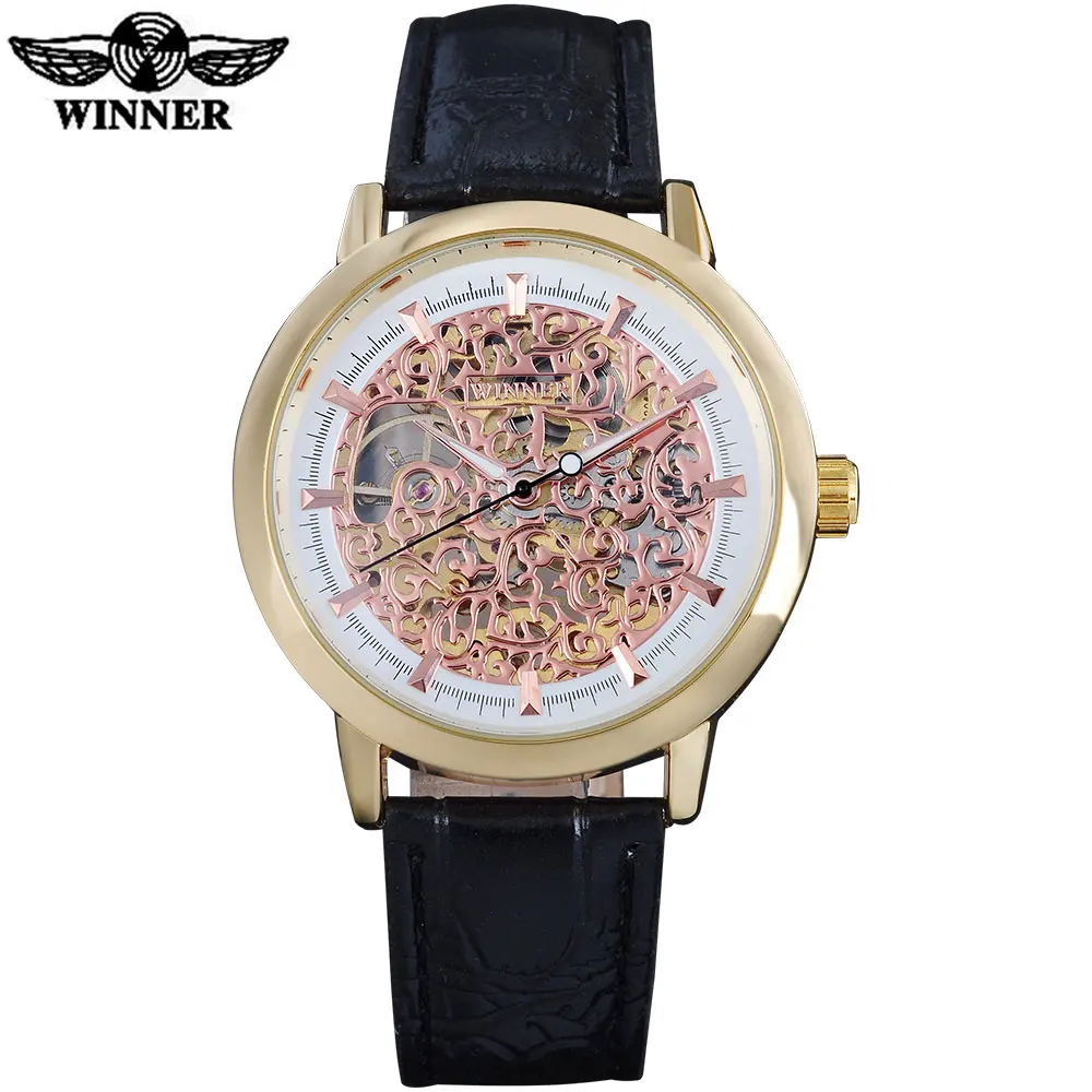 Роскошные брендовые модные спортивные механические часы WINNER с кожаным ремешком, мужские наручные часы со скелетом, Серебряный чехол, часы reloj hombre - Цвет: gold rose gold