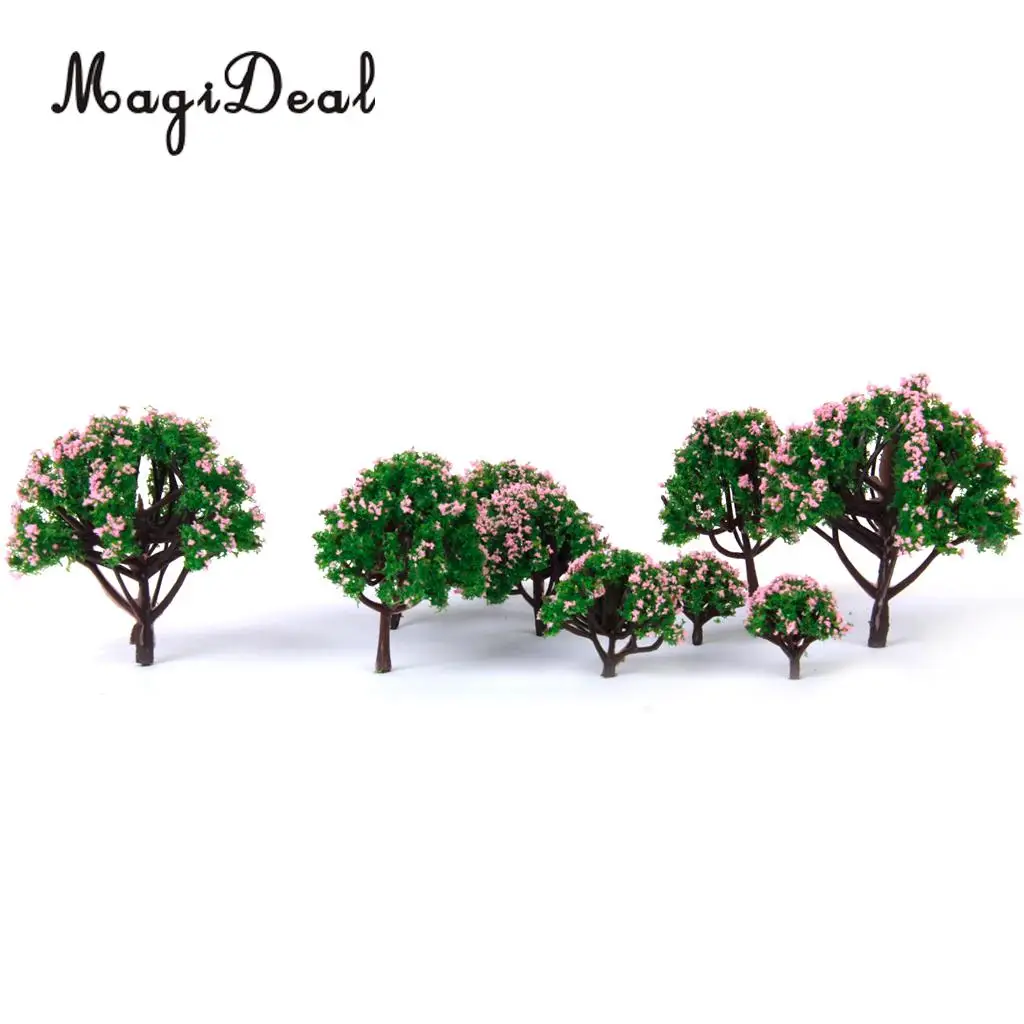 MagiDeal  5Sizes 10Pcs Plastic Model Tree with Pink Flower for Railroad Railway Train Track Home Garden Building Layout Diorama