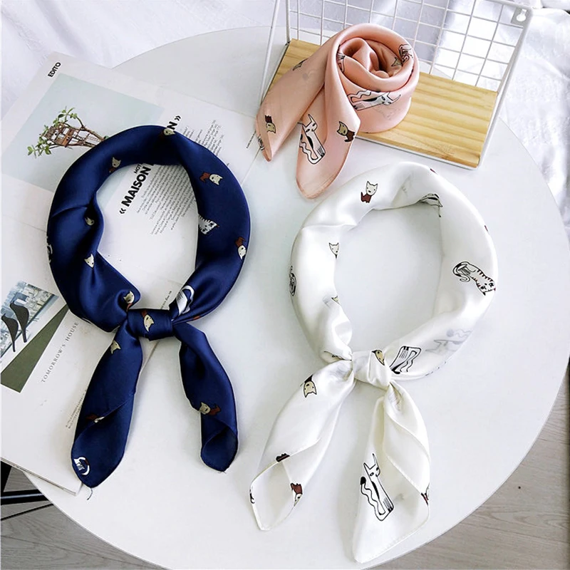 

Hot Retro small Femme square scarf Cute Cat silk Headscarf Elegant Women Wrap Handkerchief Headdress Hair Band Scarves For Girls