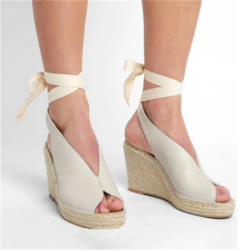 WENYUJH/Босоножки на платформе и высоком каблуке со шнуровкой; Feminina Espadrilles; женские Босоножки с открытым носком; женская повседневная обувь - Цвет: white