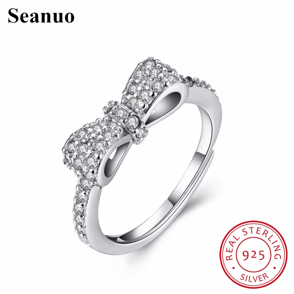 

Seanuo Real 925 Sterling Silver Bowknot Open Wedding Ring For Women Jewelry Fashion Micro Paved CZ Crystal Engagement Ring Grils