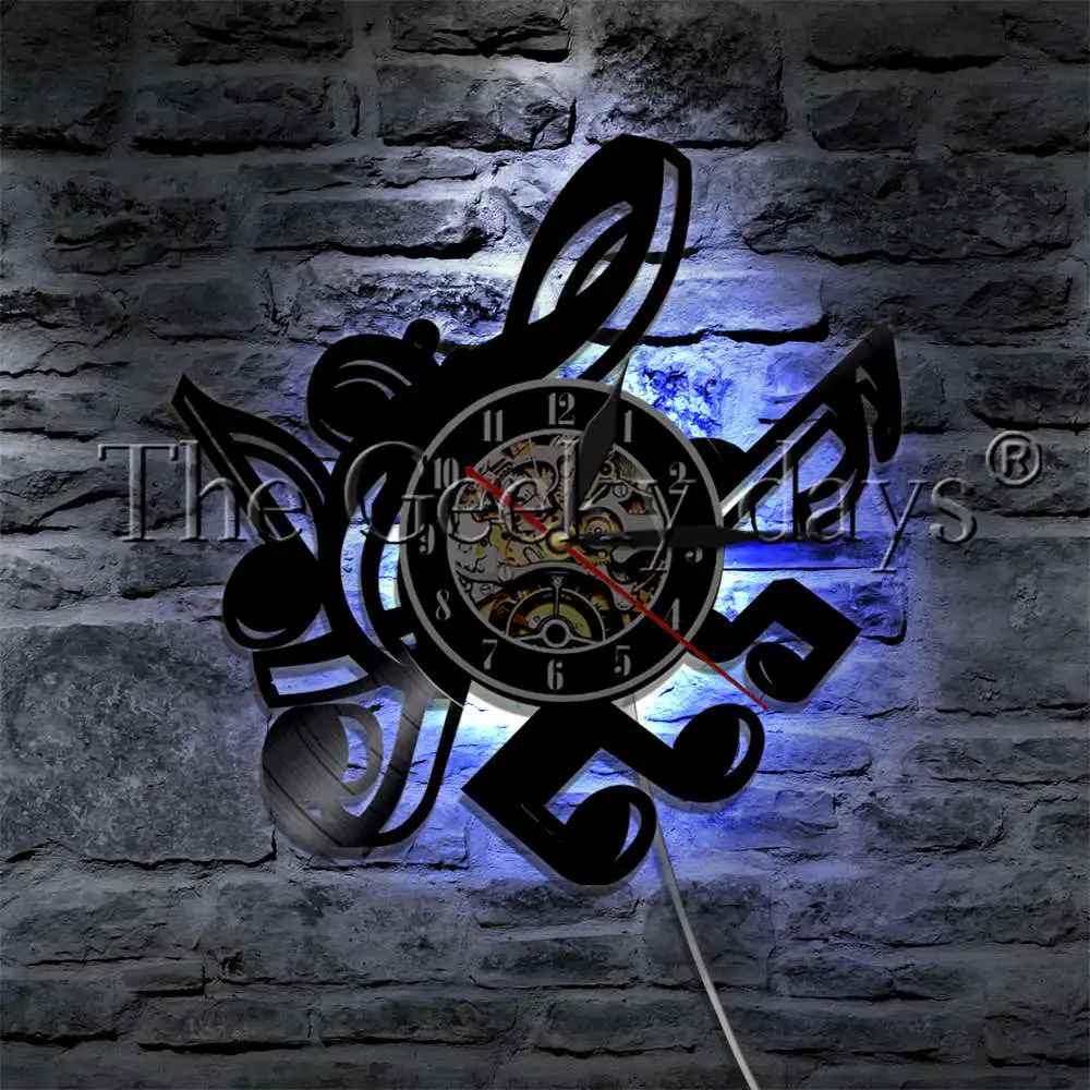  Music Notes Vinyl Record Wall Clock With LED illumination Treble Clef Sheet Modern Lamp Decorative Lighting | Лампы и освещение
