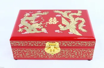 

Chinese Handmade Classic Wooden Lacquerware Dragon&Phoenix 2 Layer Jewelry Box