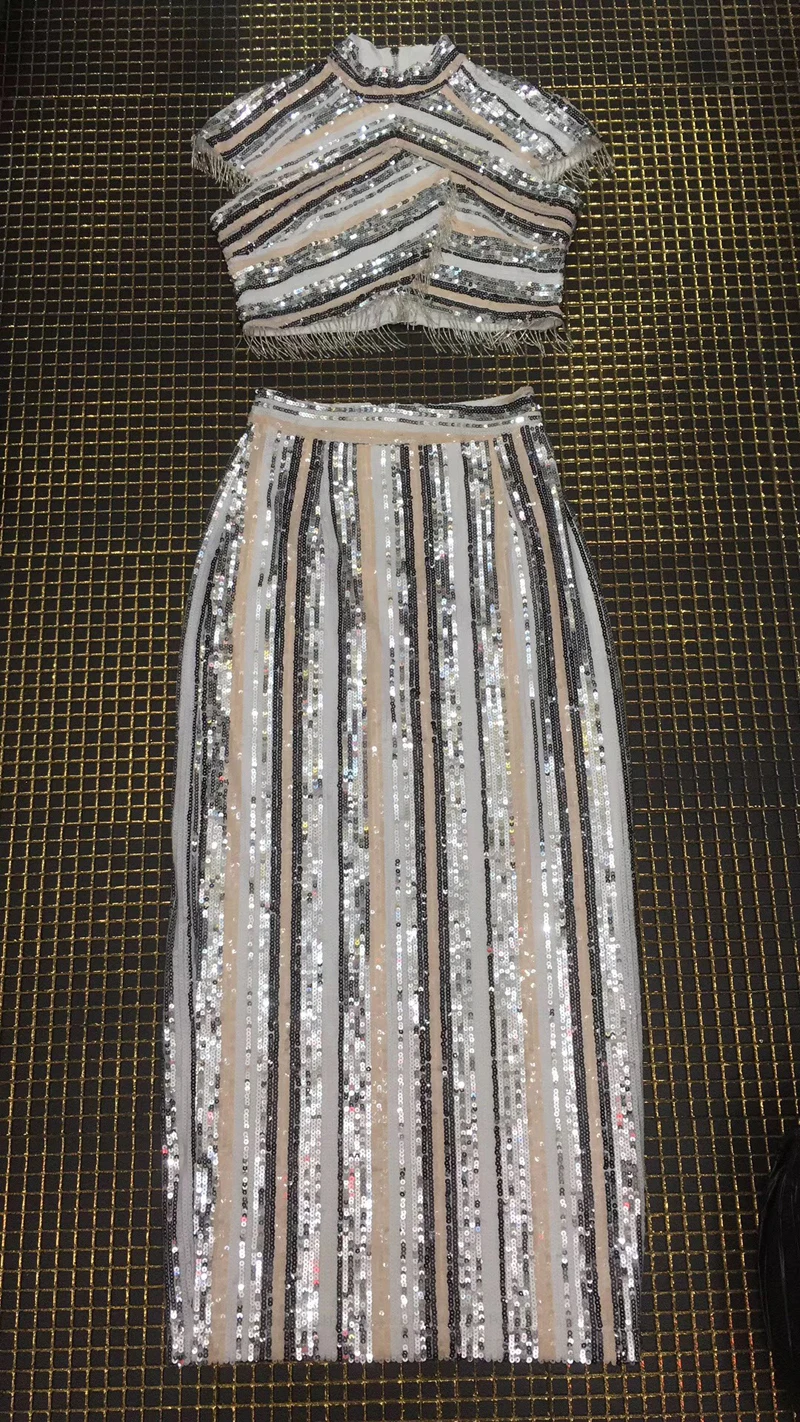 Модное серебряное блестящее вечернее платье в стиле знаменитостей, женские платья хорошего качества, комплект из 2 предметов, облегающий костюм - Цвет: Многоцветный