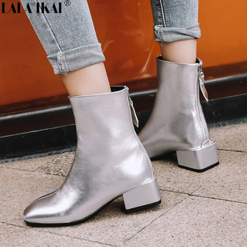 

LALA IKAI Winter Boots Women Square Heels Square Toe Chelsea Boots Warm Ladies Ankle Boots Femininas Plus Size XWC2265-45