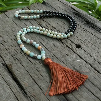 

8mm Amazonite Stone And Snake Skin Stone Beads Necklace, Help Relax JaPaMala, 108 Bead Mala, Mala Jewelry, Mala Prayer Beads