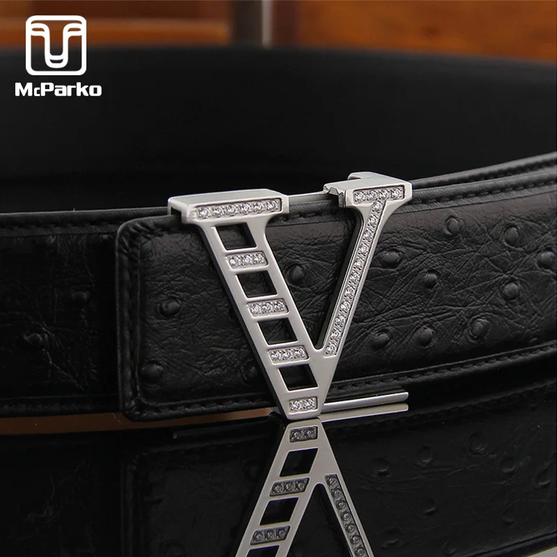 

McParko Men Leather Luxury Belt Real Ostrich Leather Belt Men Genuine Leather Waist Strap Luxury Style Letter V Jean's Belt Long
