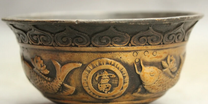 

JP S0608 Folk China Chinese Bronze Wealth Fu Gui Fish Statue People Lotus Bowl Cup