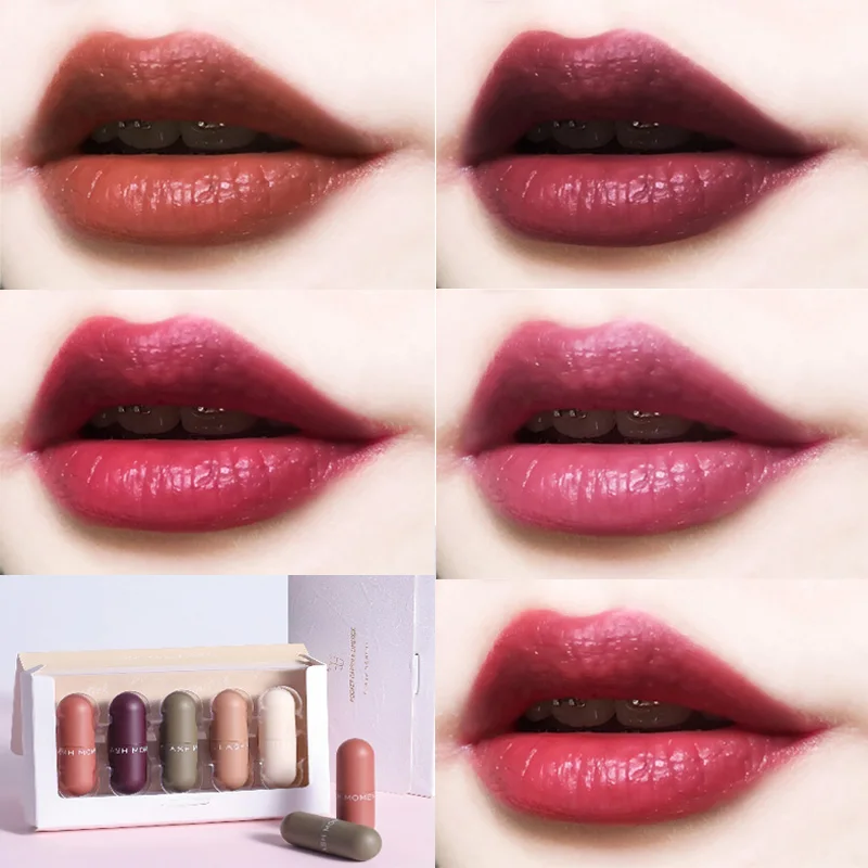 

5pcs Matte Lipstick Set Long-Lasting Moisturizer Velvet Lipstick Set Red Tint Batom Makeup Set Mini Capsule Lipstick Kit