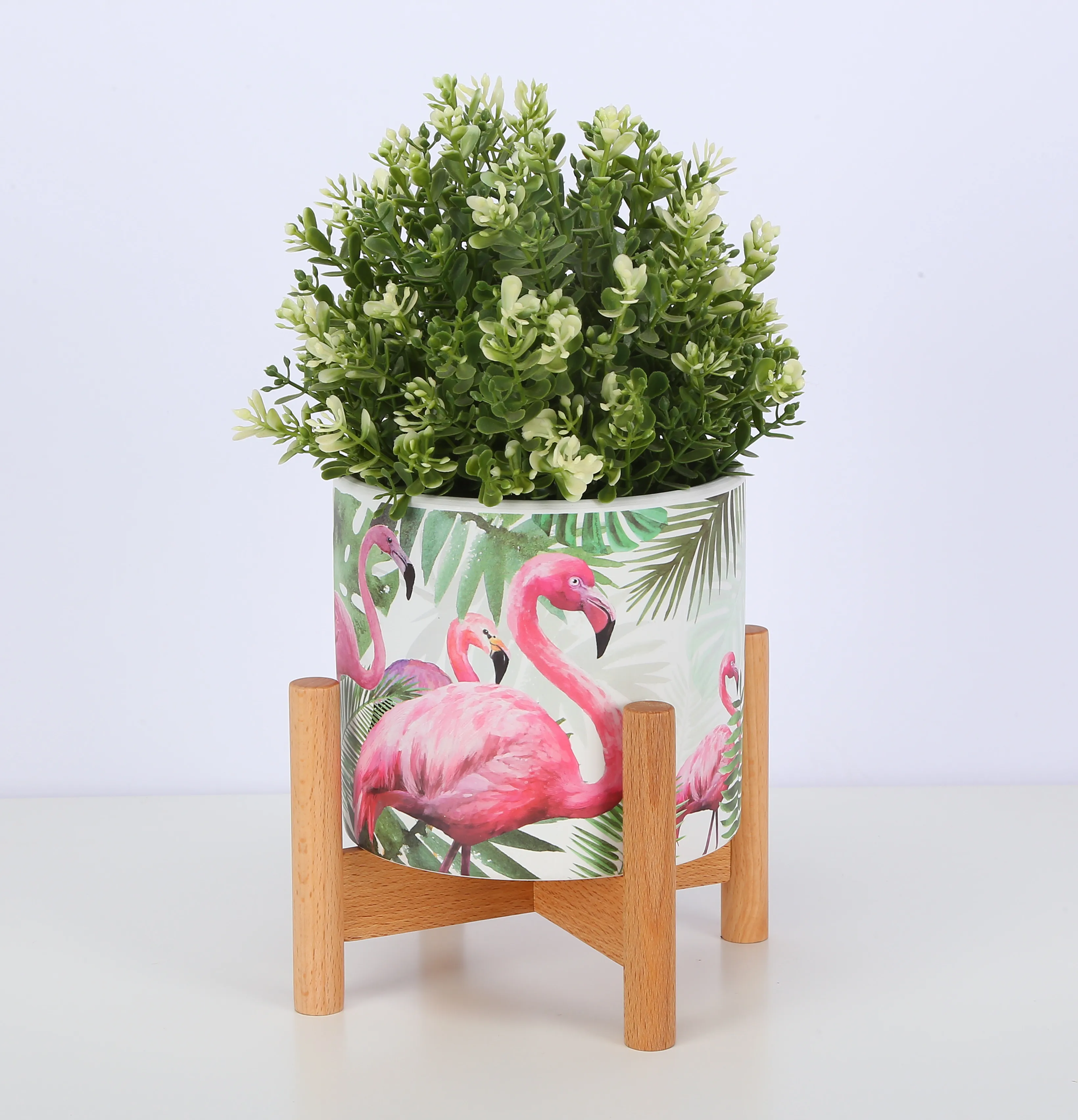 Wegenbouwproces zoogdier Pilfer Ceramic Plant Pot Small Planter Flamingo Flower Pot With Wood Plant Stand -  Flower Pots & Planters - AliExpress