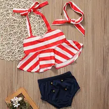 Для маленьких девочек красного цвета в полоску, комплект из 3 предметов, купальный костюм, детский ванный комплект купальный топ c бретелькой через шею, купальник, пляжная одежда