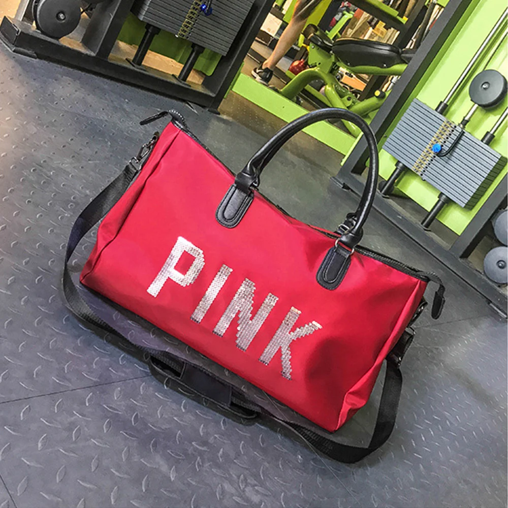 2019 Wobag Ladies Black Travel Bag Pink Sequins Shoulder Bag Women Handbag Ladies Weekend Portable Duffel Bag Waterproof Wash07