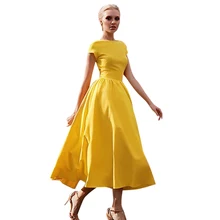 Женская одежда из хлопка; дизайнерские платья; яркое желтое женское платье с круглым вырезом; короткий рукав; сетчатая подкладка; длина до колена; бальное платье