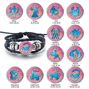 

12 Zodiac Constellation Time Gem Stone Leather Hand Woven Bead Pisces Aries Scorpius Libra Virgo Bracelets Birthday Gift For Men