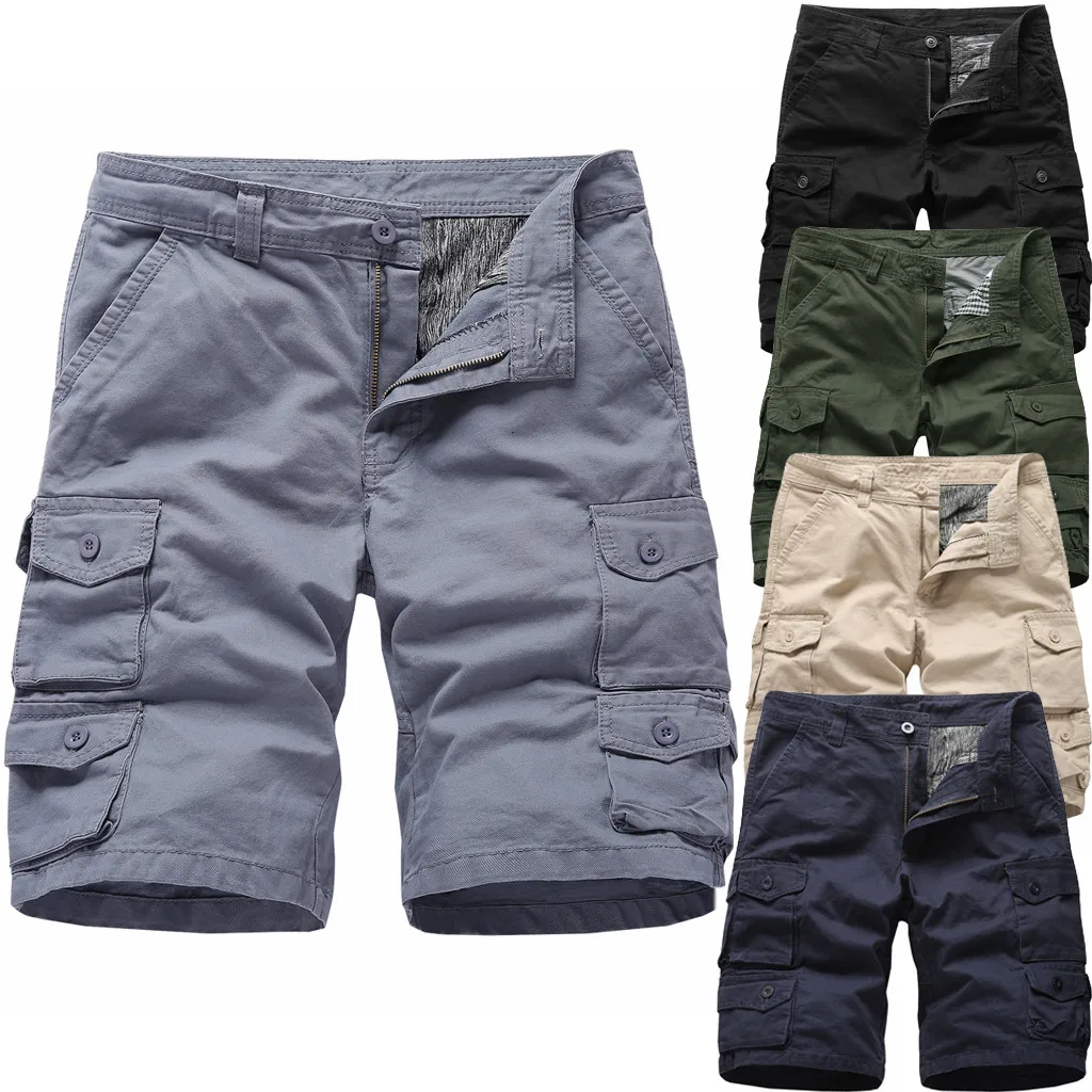 Популярные рабочие Шорты однотонные мужские летние повседневные свободные хлопковые комбинезоны с несколькими карманами пляжные шорты мужские