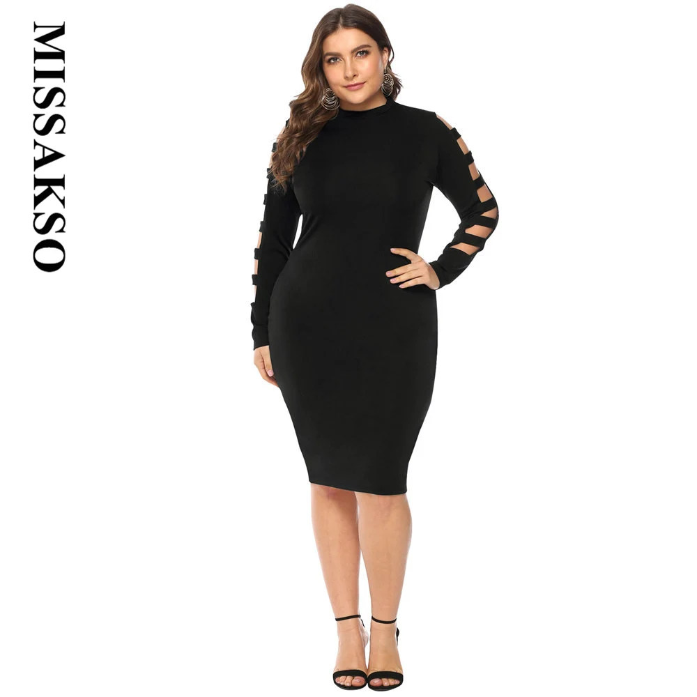 Missakso غمد قلم رصاص اللباس زائد الحجم ميدي الخريف الشتاء عارضة ضئيلة أسود طويل الأكمام الجوف خارج فساتين Bodycon النساء