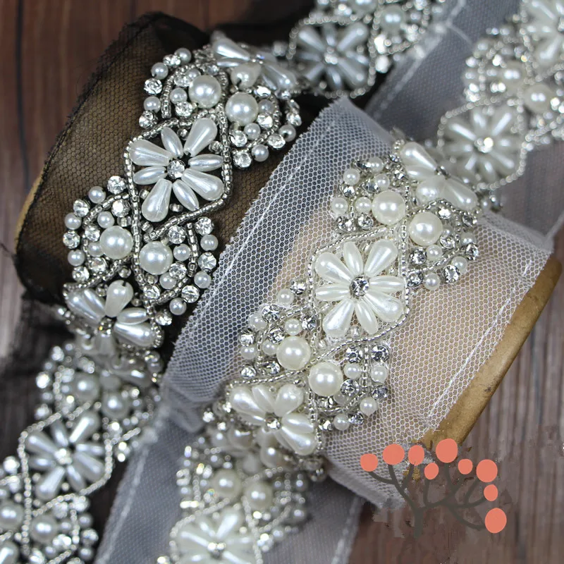 Ivory Pearl Beaded Lace Ribbon Trim Netting Lace Fabric Mesh Fabric