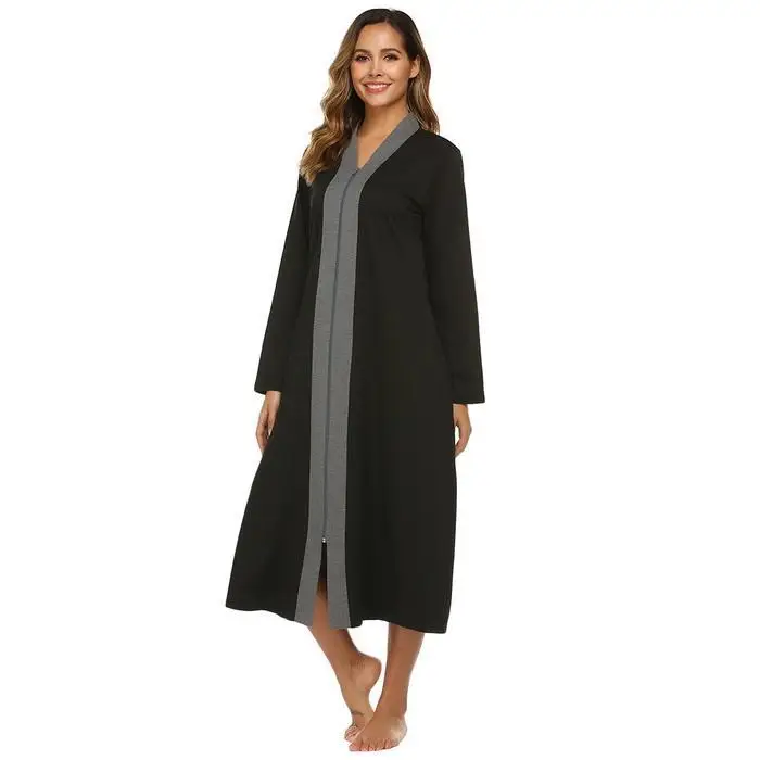 Ekouaer Women Sleepwear Long Robe V-Neck Long Sleeve Dressing Gown Solid Zipper Loose Bathrobe Spa Bathroom Robes Homewear