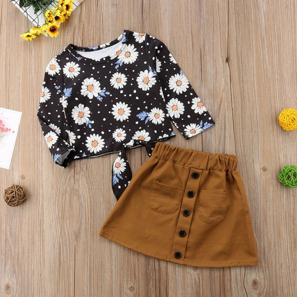 

Fall Clothing For Girls Baby Sets Fashion Long Sleeve Print Floral Tops+Skirt 2pcs Suits Children Girls Clothes 2-6Y