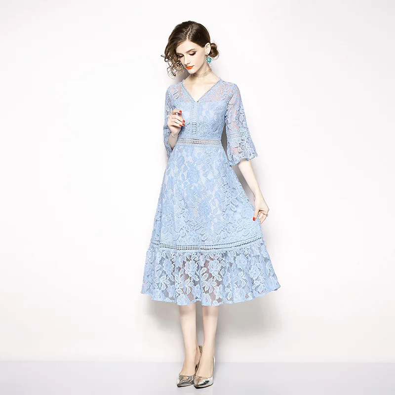 

Lace Stitching Dresses Spring 2019 Summer V-Neck Horn Flare Sleeve Mid-long Big-pendant Dresses