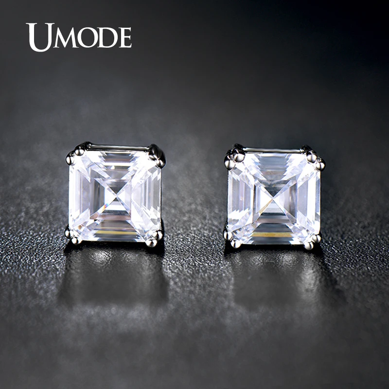 UMODE 8mm 2.5 Carat Asscher Cut CZ White Gold Color Cubic Zirconia Post Stud Earrings Set Fashion Jewelry for Women UE0187B