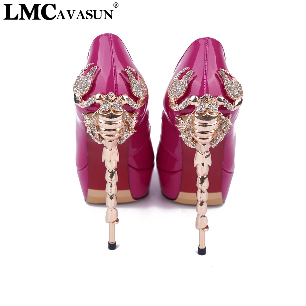 

LMCAVASUN Sexy Sheep scorpion metal High heel Wedding Shoes Woman Round Peep Toe Pumps genuine leather Platform Shoes