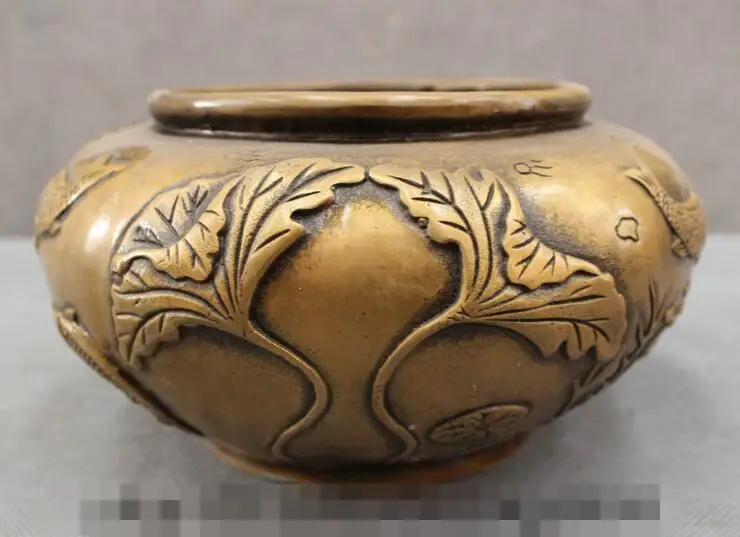 

S02624 Folk Chinese Bronze Lotus Leaf Fish Statue Jar Tank Bowl Incense Burner Censer B0403