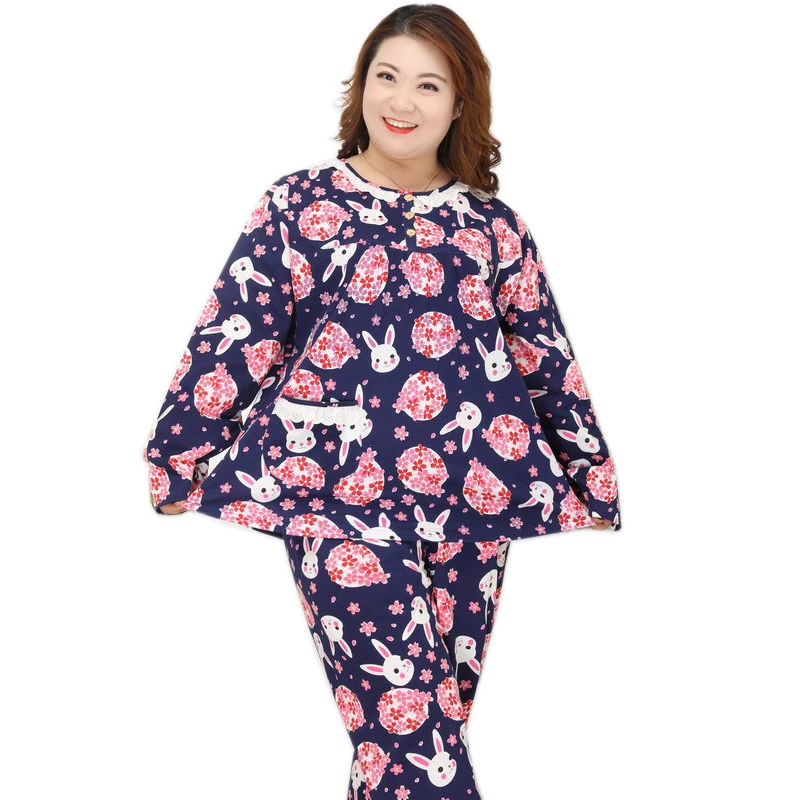 

Large Plus size 130KG XXXXXL sweet cherry rabbit pajamas sets women summer 100% cotton Long sleeves trousers sleepwear women