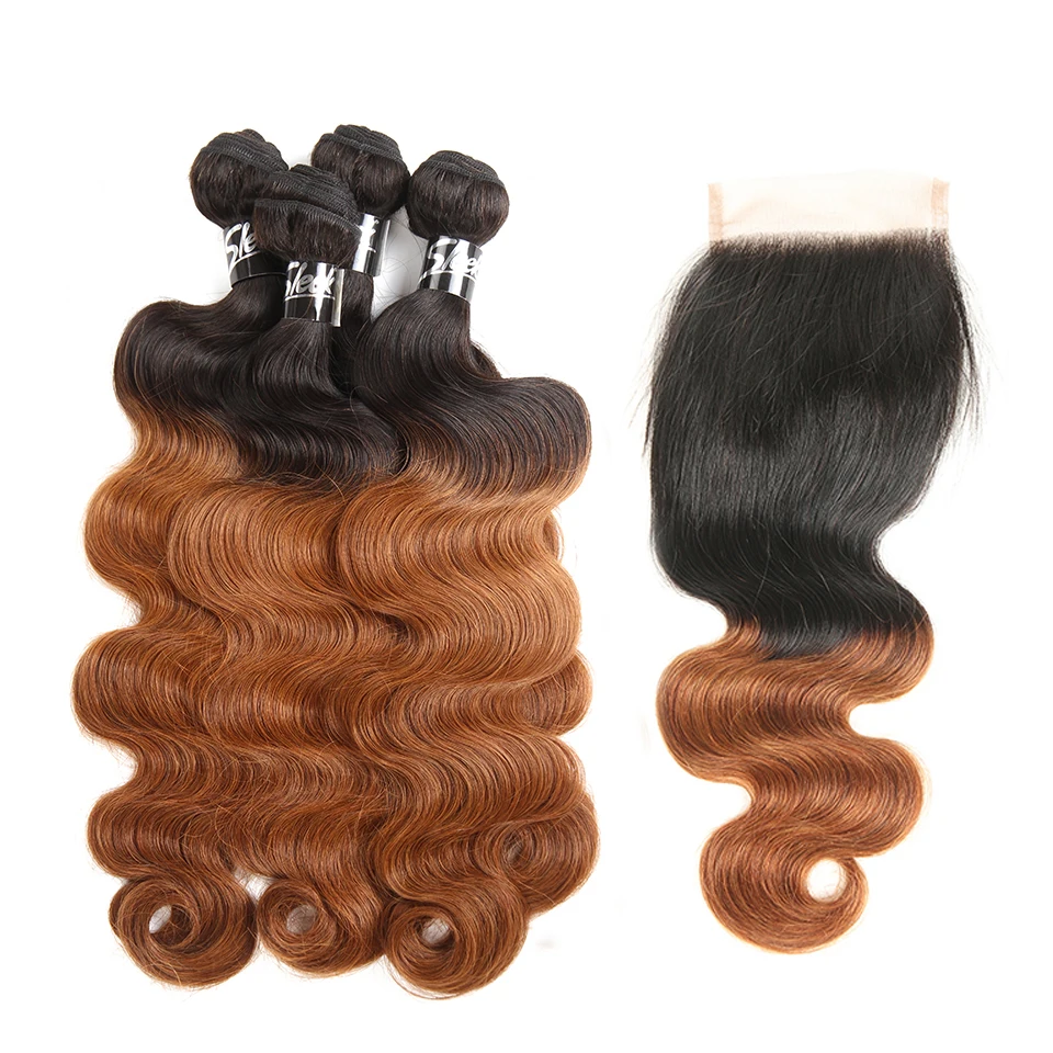 Sleek Ombre Brazilian Hair Body Wave 4 Bundles With Closure Free Part Color 1B30 Remy Human Hair With Lace Closure (1)