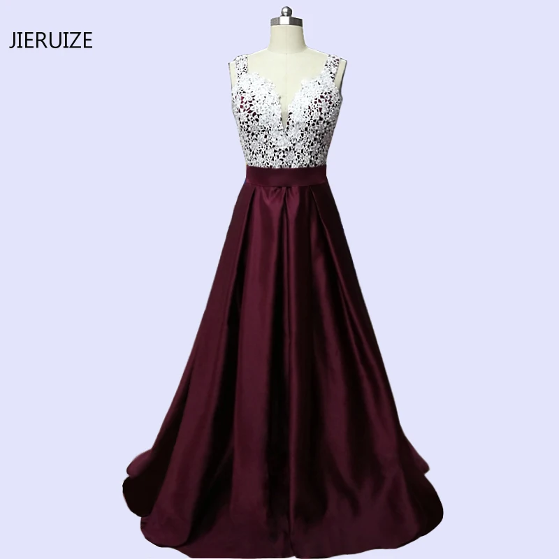 JIERUIZE White Lace Burgundy Cheap Evening Dresses Long 2018 V-neck A-line Formal Dresses Mother of the Bride Dressess