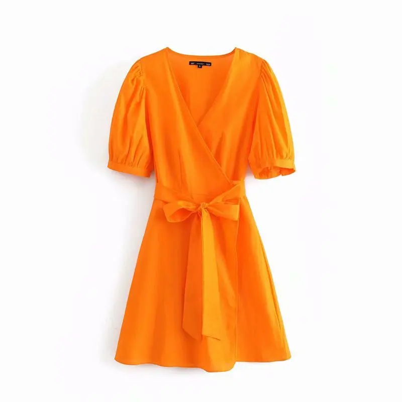 

QZ939 European Design V Neck Sashes Slim Waist Puff Sleeve Linen Dress Women Orange Color Chic Vestidos