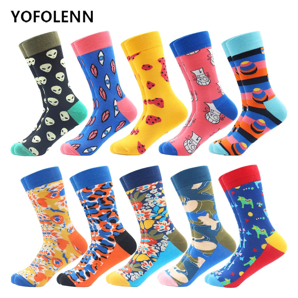 

10 Pairs/Lot Fashion Men's Combed Cotton Casual Business Socks Novelty Alien Eye Pattern Cool Party Crew Funny Skateboard Socks