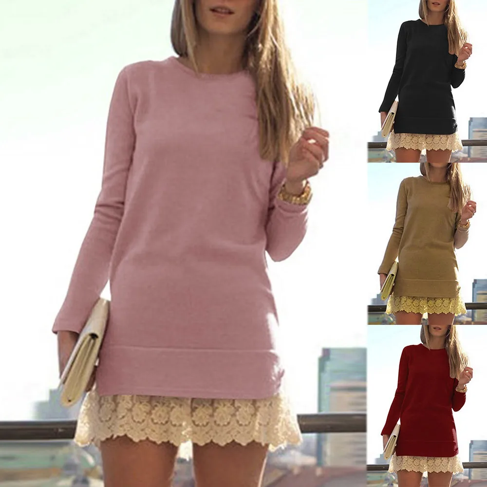 

Autumn Mini Dress Woman Printed Sashes Pockets Three Quarter Sleeves O-Neck Fall Dress Casual Loose Straight Elegant Mini Dress